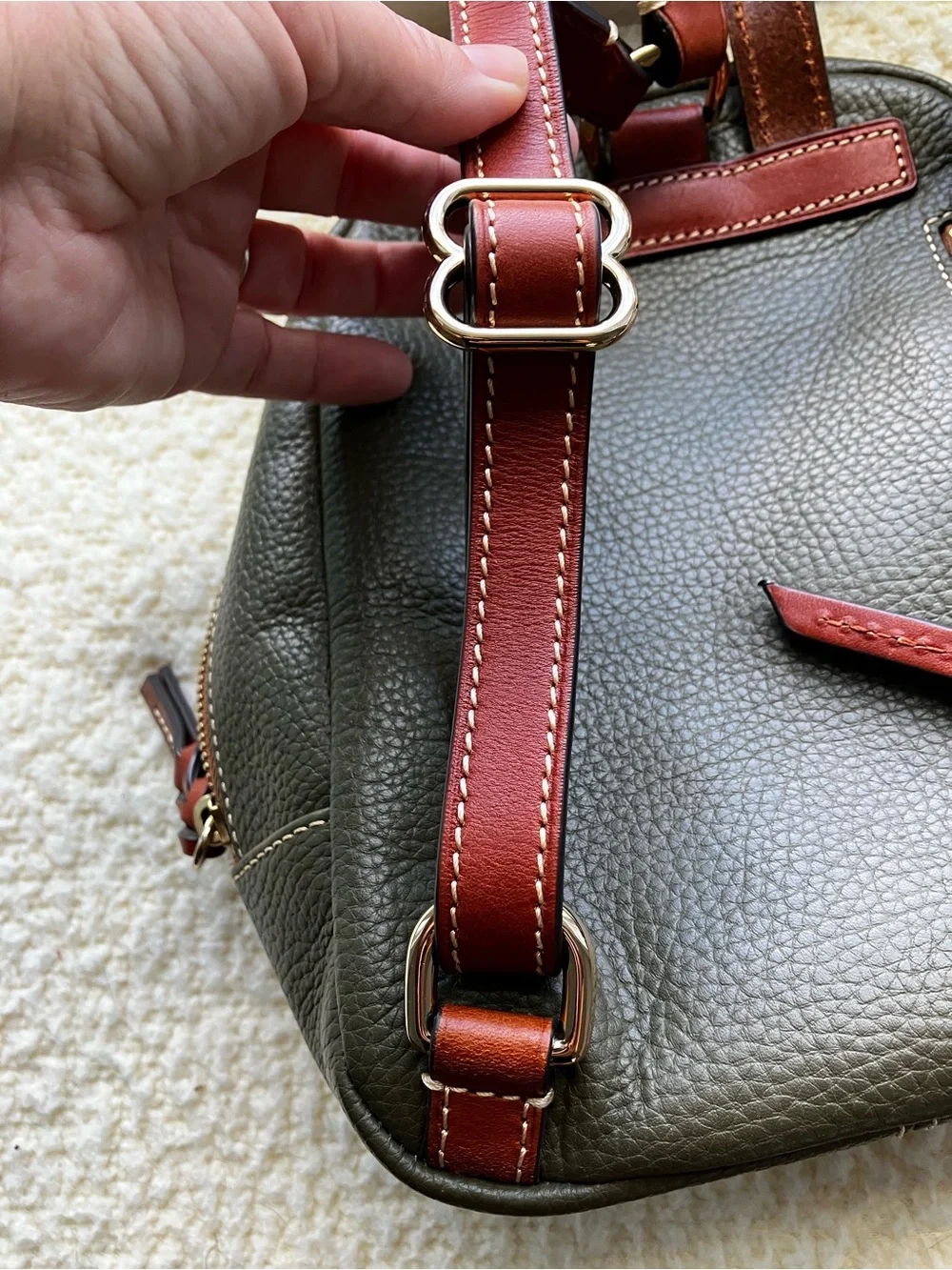 Dooney & Bourke Olive Pebble Leather Mini Backpack with Brown Trim